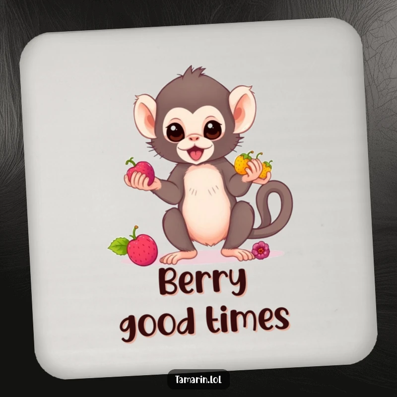 Funny tamarin monkey coaster featuring a cute primate juggling berries, perfect for adding humor and surface protection.