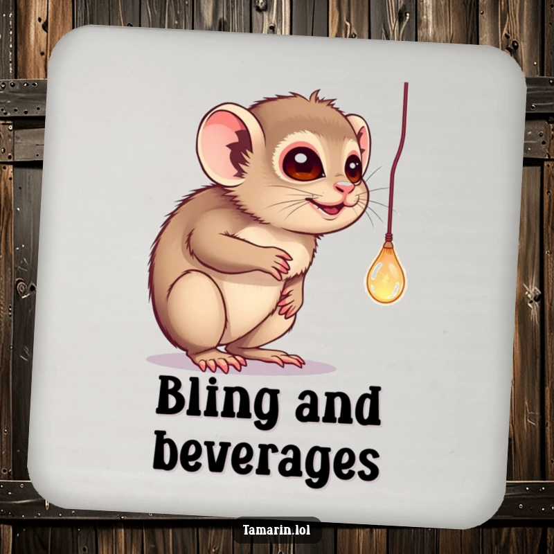 Funny coasters featuring a tamarin batting playfully at a dangling, sparkling object, adding humor to drink protection.