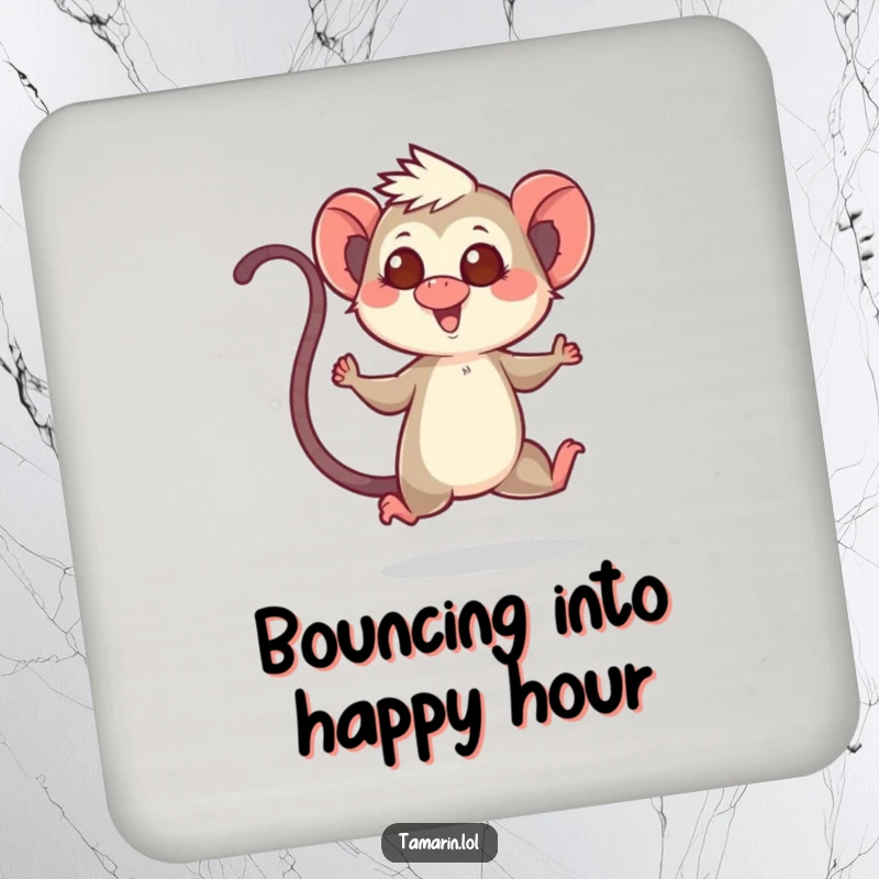 Funny drink coaster set featuring a tamarin character in a cheerful hop with its tail up, adding humorous charm.