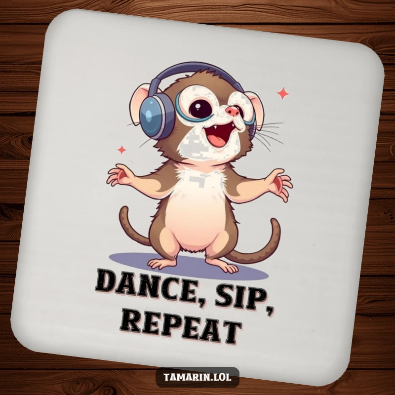 Funny tamarin coaster: a coaster featuring a joyful monkey wearing headphones and dancing, protecting furniture with a beat of humor.