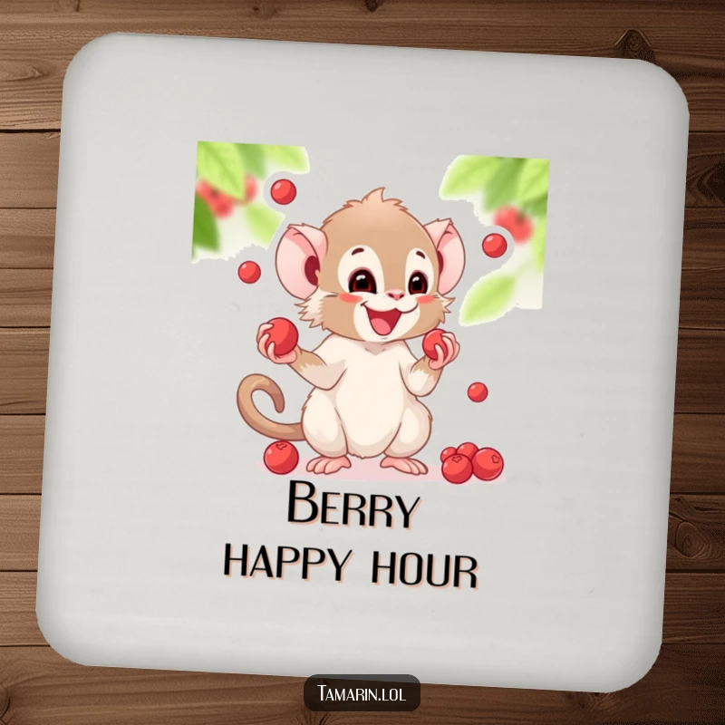 Funny drink coaster featuring a tamarin character in the act of joyfully juggling colorful berries.