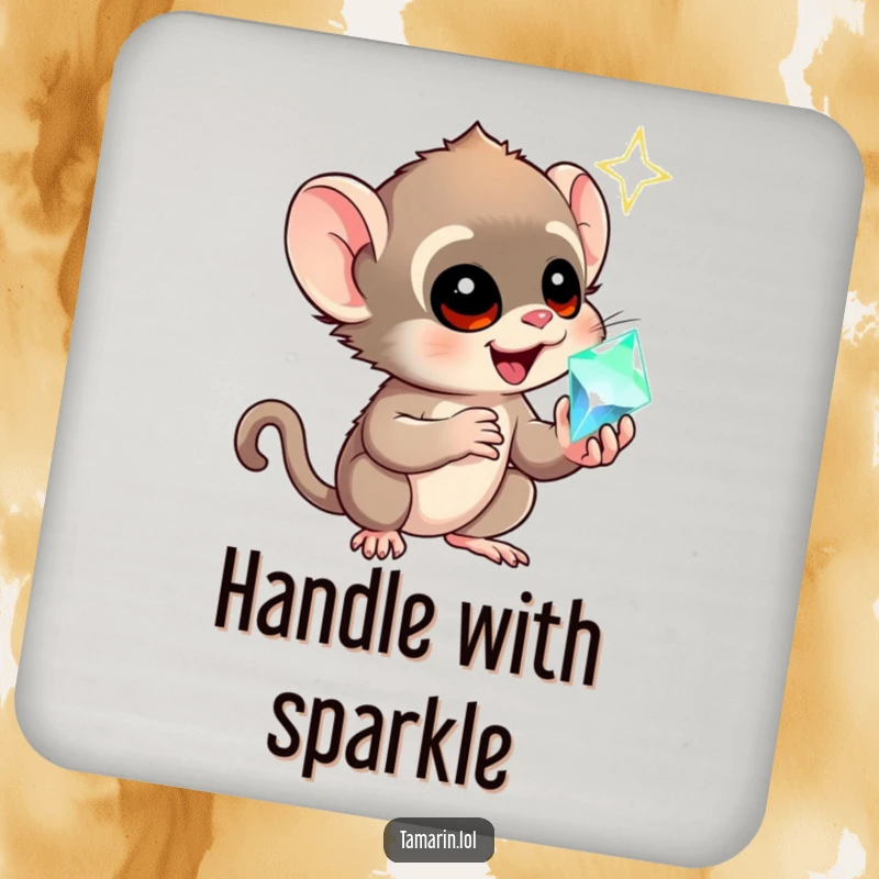 Funny tamarin drink coaster showing a monkey's awe at a sparkling gem, adding humorous protection to surfaces.