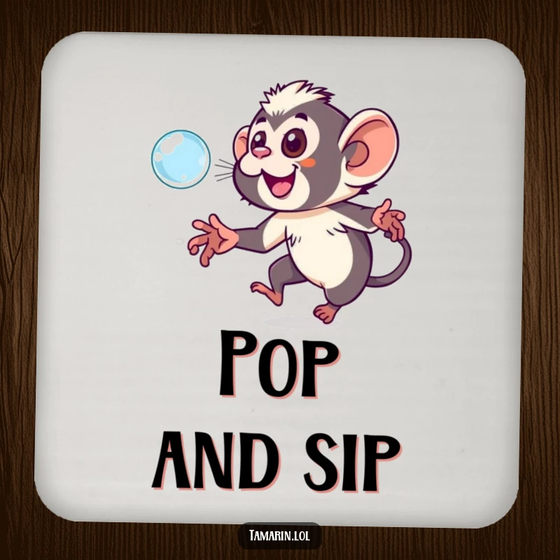Funny tamarin coaster featuring a playful monkey chasing a large, sparkling bubble, protecting surfaces with charm.