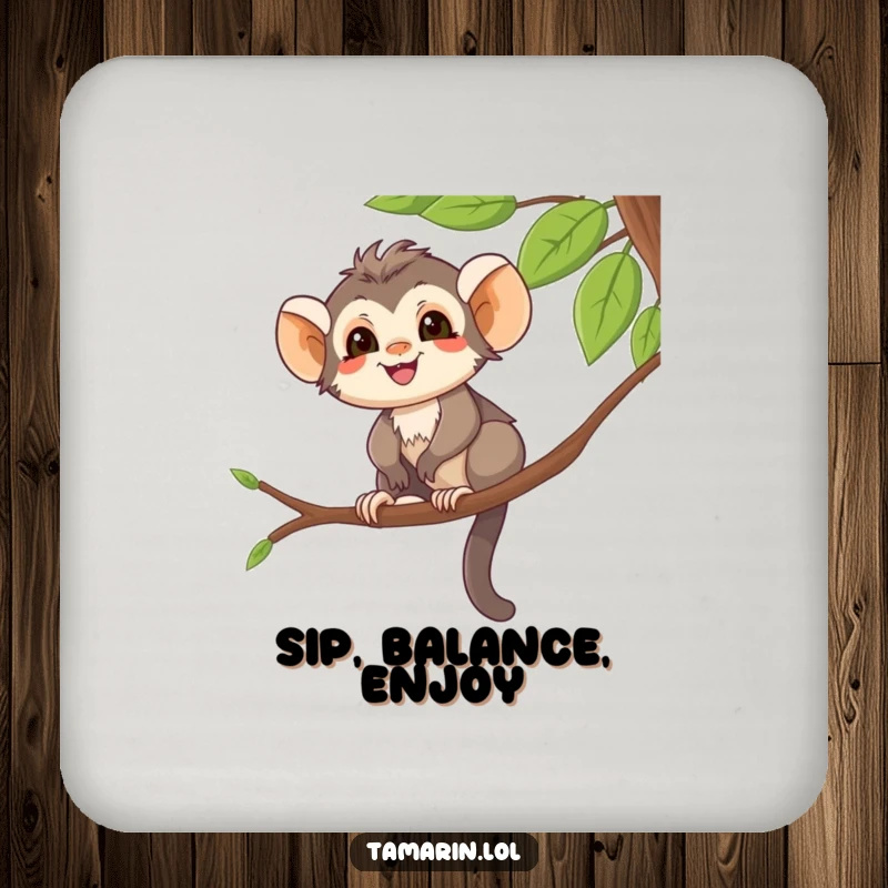 Funny Drink Coaster with a smiling tamarin character balancing on a tree branch, adding playful humor to decor.