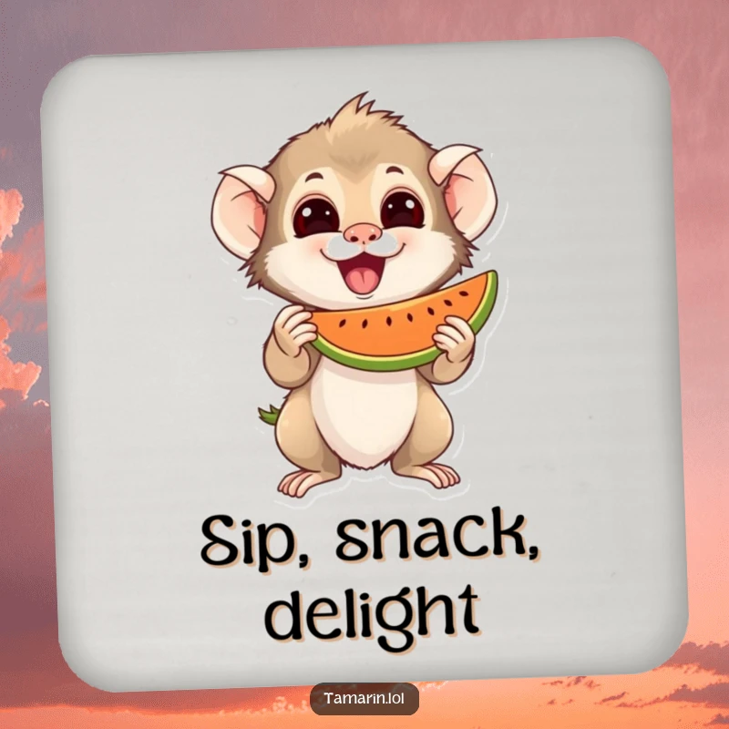 Funny Drink Coaster with an excited tamarin character holding a juicy piece of fruit, adding fruity humor to decor.