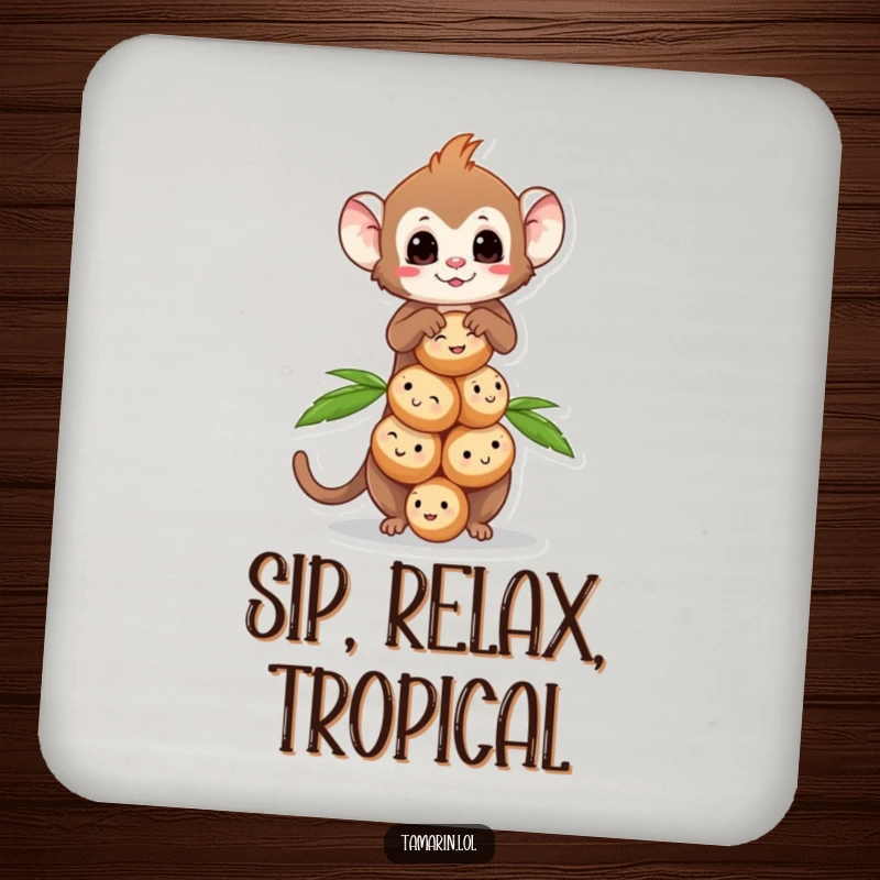 Funny Tamarin Coconut Balance Coaster featuring a tamarin monkey balancing smiling coconuts, perfect for tables.
