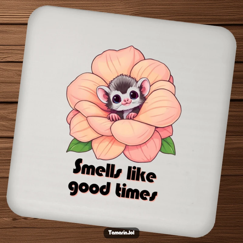 Funny tamarin coaster featuring a curious monkey peeking from a large flower, protecting tables with adorable charm.