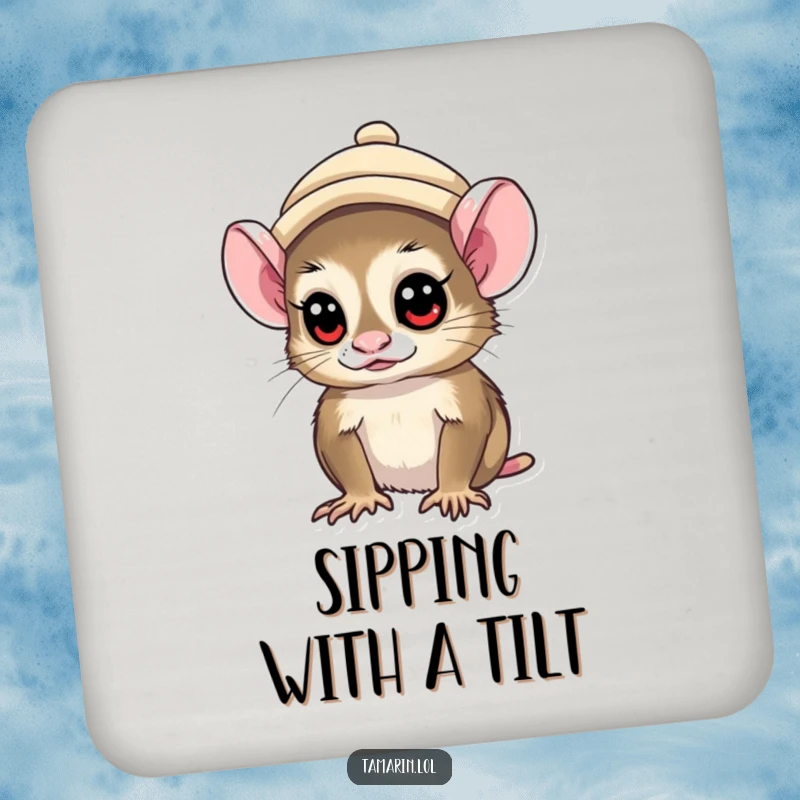 Funny tamarin monkey wearing a tiny hat, looking curiously, depicted on a durable drink coaster.