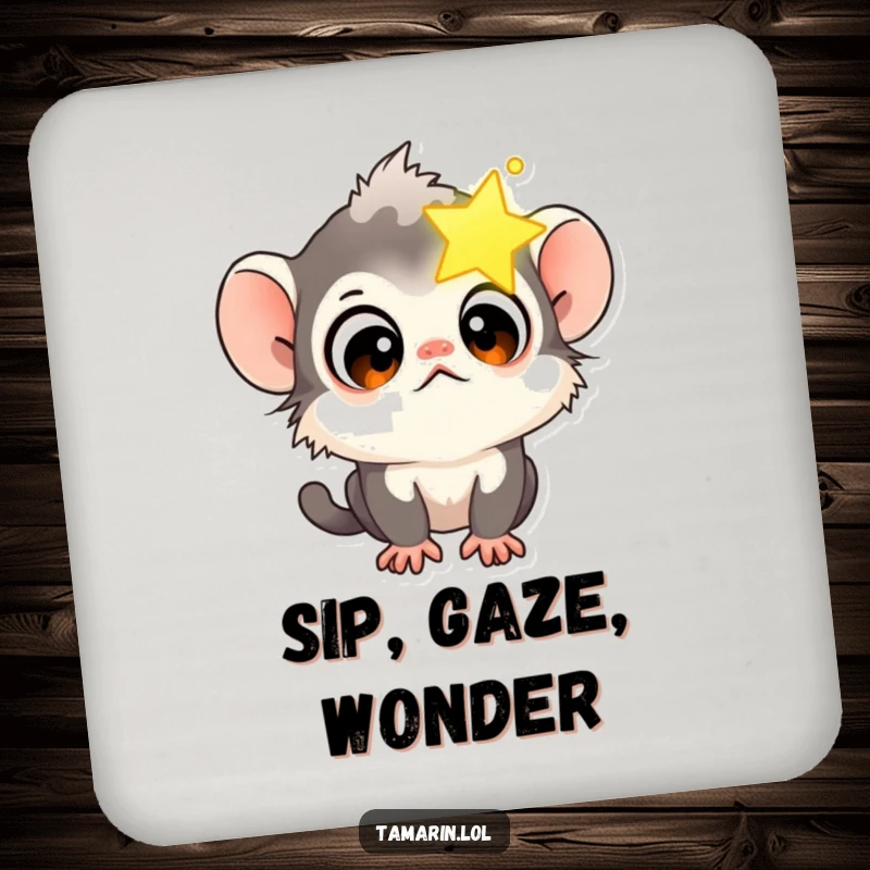Funny Tamarin Star Gazer Coaster featuring a curious tamarin monkey looking at a glowing star, perfect for tables.