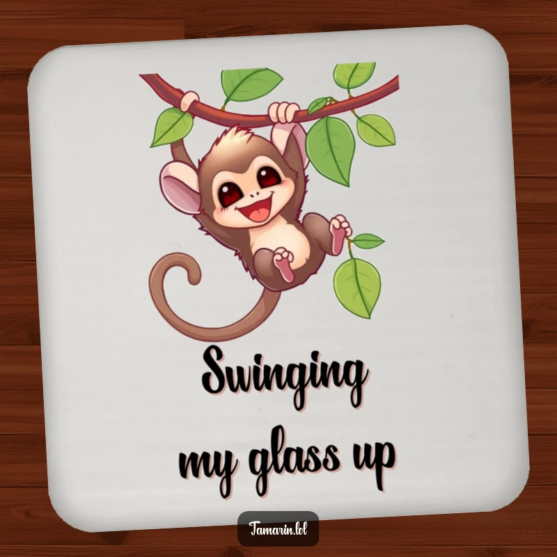 Funny tamarin monkey swinging from a vine, depicted on a durable drink coaster for stylish table protection.