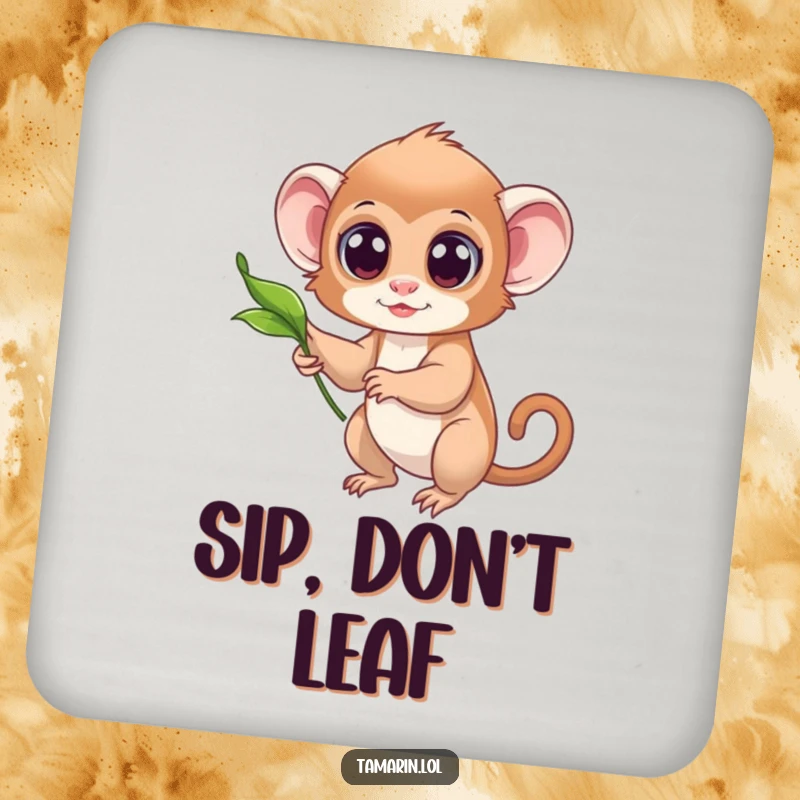Funny drink coaster featuring a tamarin with wide, curious eyes reaching for a delicately floating leaf.