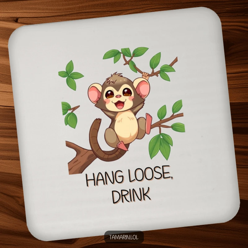 Funny Tamarin Coasters displaying a tamarin in mid-swing, adding a lively jungle vibe to your drink station.