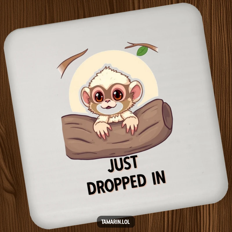 Funny drink coaster featuring a curious tamarin monkey poking its head out from a log, protecting surfaces with playful charm.