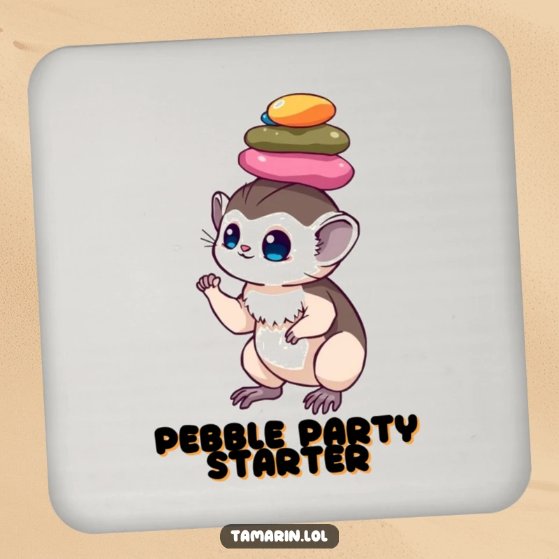 Funny tamarin coaster: a coaster featuring a skilled monkey balancing a stack of colorful pebbles, protecting furniture with a touch of whimsy.