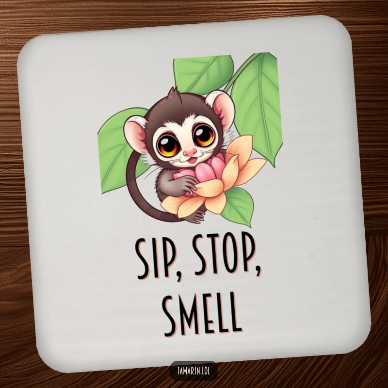Funny Tamarin Coasters displaying a tamarin with curious eyes exploring a large flower, adding natural charm to your drinks.