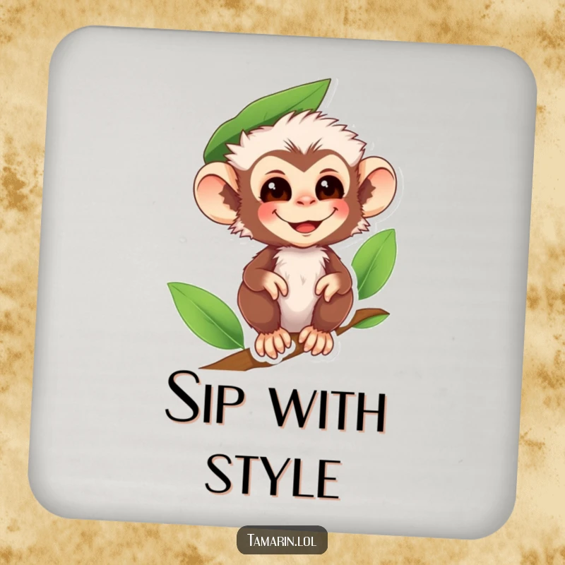 Funny tamarin monkey coaster featuring a smiling primate wearing a leaf hat, perfect for surface protection with woodland humor.