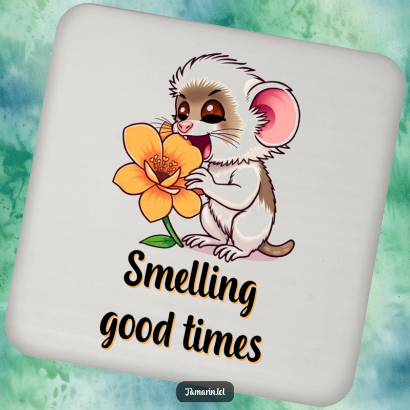 Funny tamarin monkey sniffing a large, vibrant flower, depicted on a durable drink coaster.
