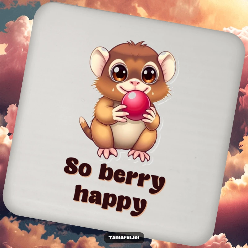 Funny Tamarin Coaster depicting a primate with delighted eyes, holding a shiny berry, protecting surfaces with humor.