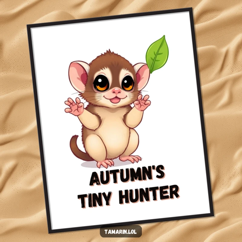 Funny Leaf-Catching Tamarin Poster: A whimsical print of a monkey reaching with tiny hands for a falling leaf, bringing gentle charm to any room.