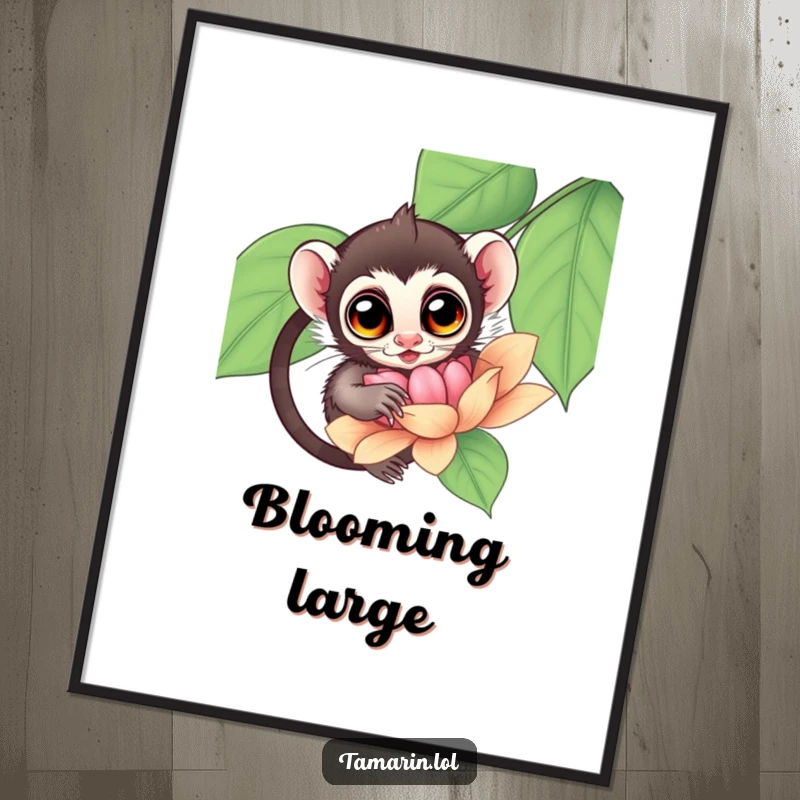 Funny Tamarin Poster showcasing a tamarin with wide, curious eyes utterly absorbed in exploring a huge, colorful flower.