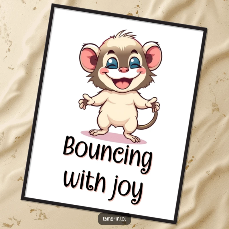 Funny tamarin poster shows a small monkey in a hilarious, bouncy dance pose with a massive, delighted grin.