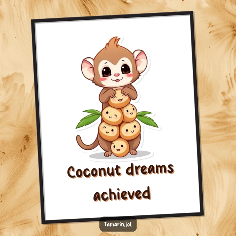 Funny Tamarin Coconut Balance Poster depicting a tamarin monkey balancing a stack of smiling coconuts.