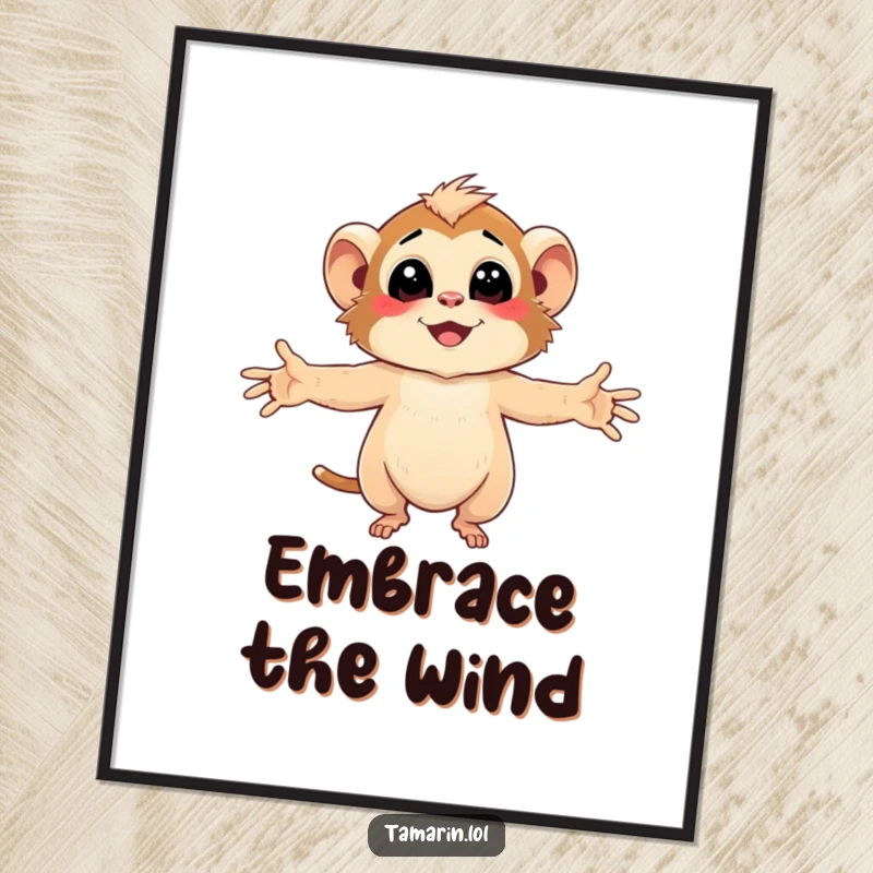 Funny Tamarin Poster featuring character embracing the gentle, smiling breeze with arms wide open, celebrating nature.
