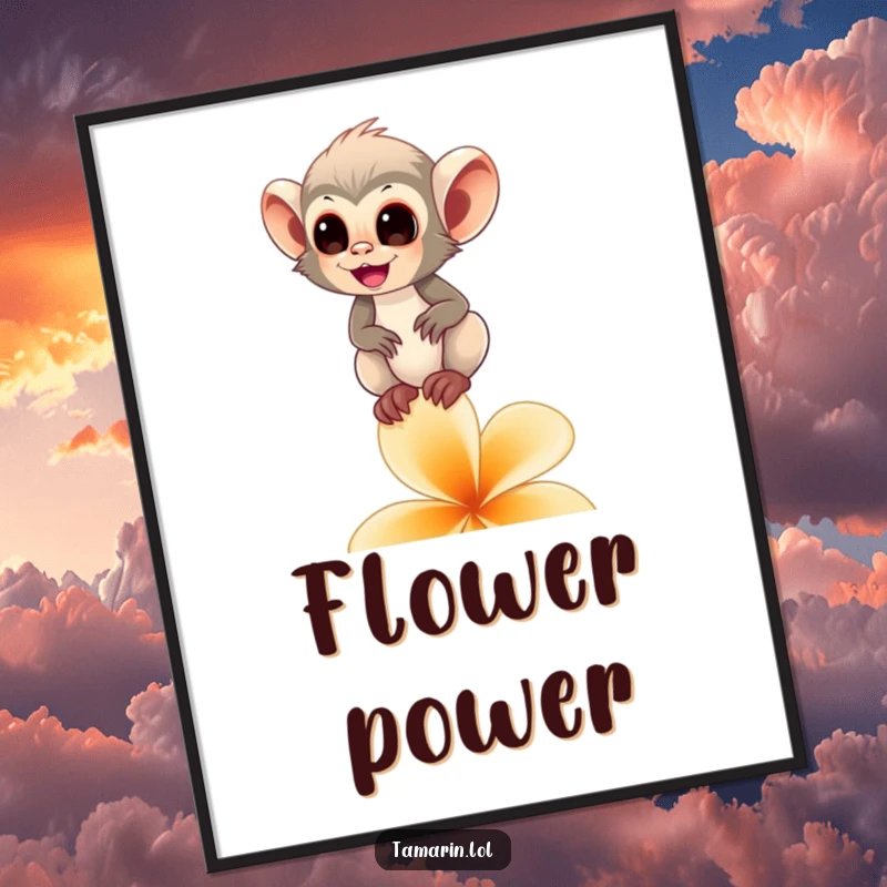Funny tamarin monkey poster depicting a happy primate balancing delicately on a flower petal, conveying peace and humor.