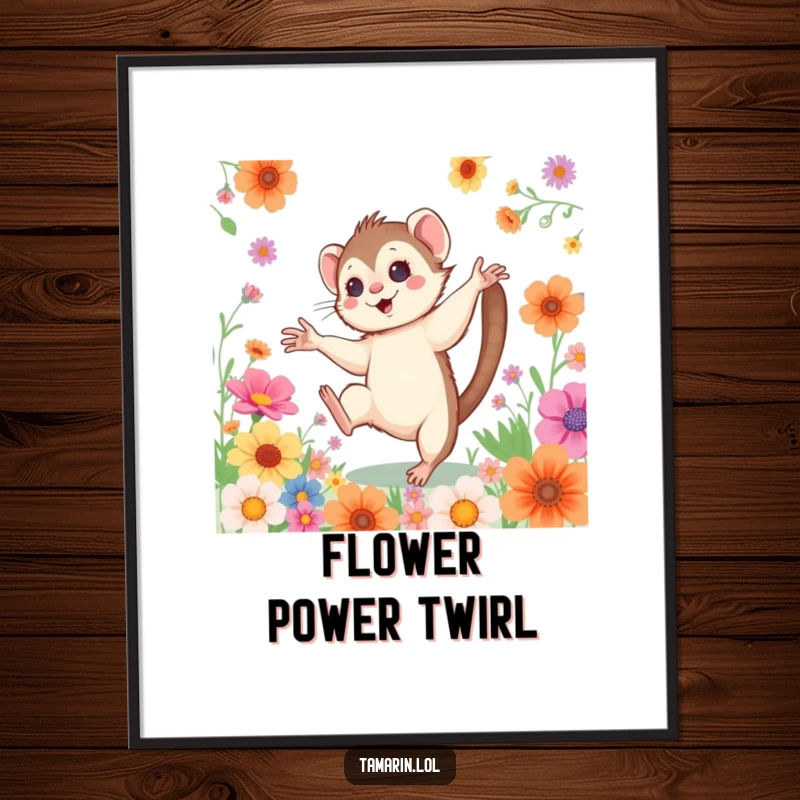 Funny Cartwheeling Tamarin Poster: A lively print of a rosy-cheeked monkey cartwheeling through a field of colorful flowers, radiating happiness.