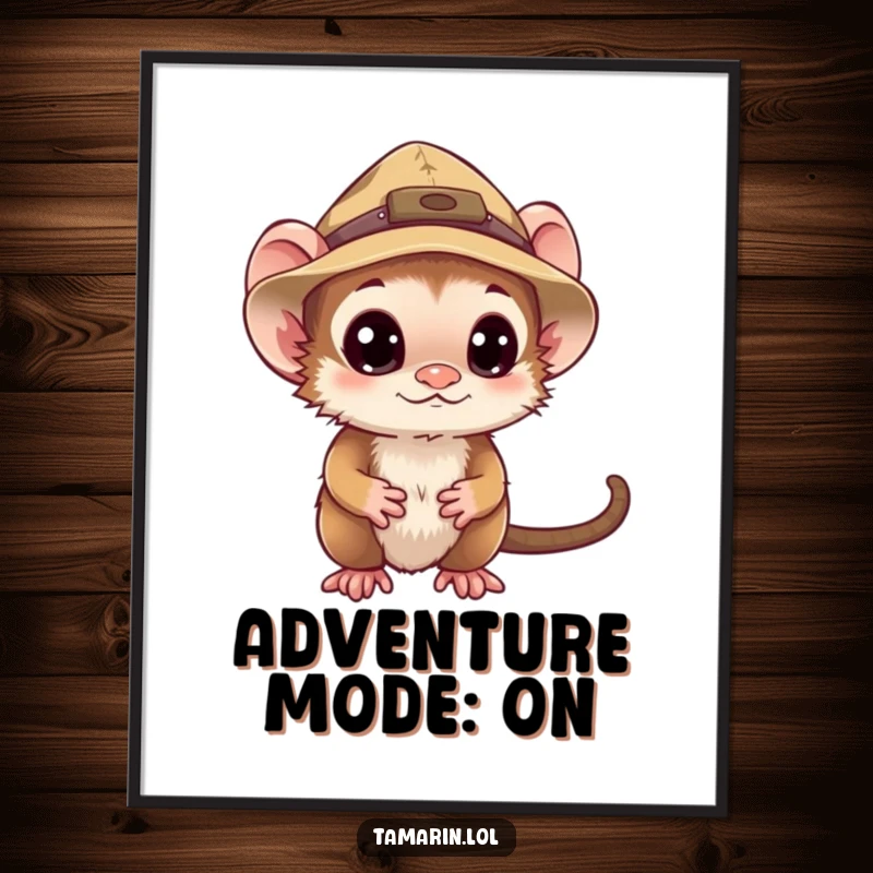 Funny tamarin poster depicting a monkey in a tiny explorer hat, looking curiously into the distance, wonderfully humorous.