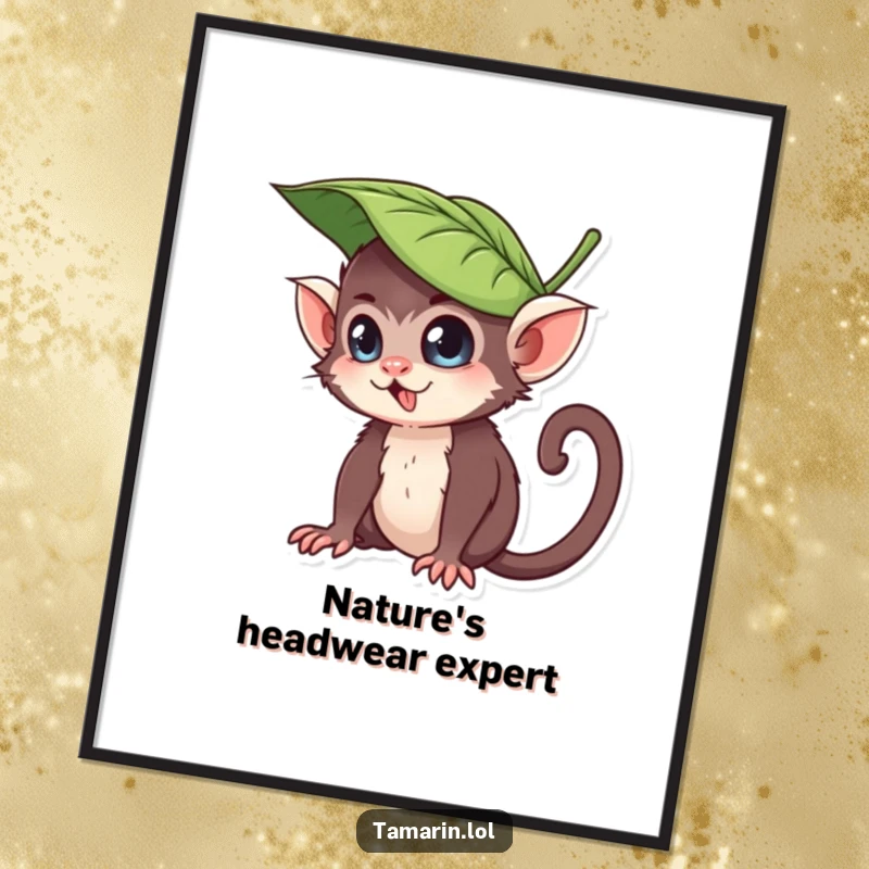 Funny poster art of a tamarin character wearing a leaf expertly as a hat, with a mischievous grin, bringing playful energy and humor to any room.