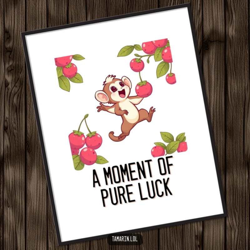 Funny poster art of a tamarin character in an exciting leap, aiming to catch a radiant falling berry, capturing pure, unadulterated joy and humor.