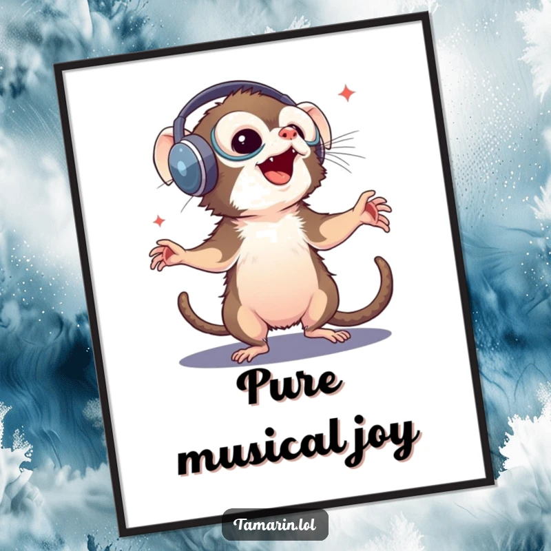 Funny tamarin poster: a lively artwork of a monkey with oversized headphones dancing freely with eyes closed in absolute delight, perfect for music rooms.