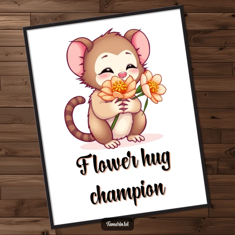 Funny poster depicting a small tamarin character giving a big, warm hug to a blooming flower, showcasing a sweet, gentle interaction.