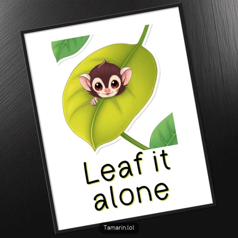 Funny tamarin poster shows an adorable monkey peeking from behind a large, vivid leaf, adding humor to wall decor.