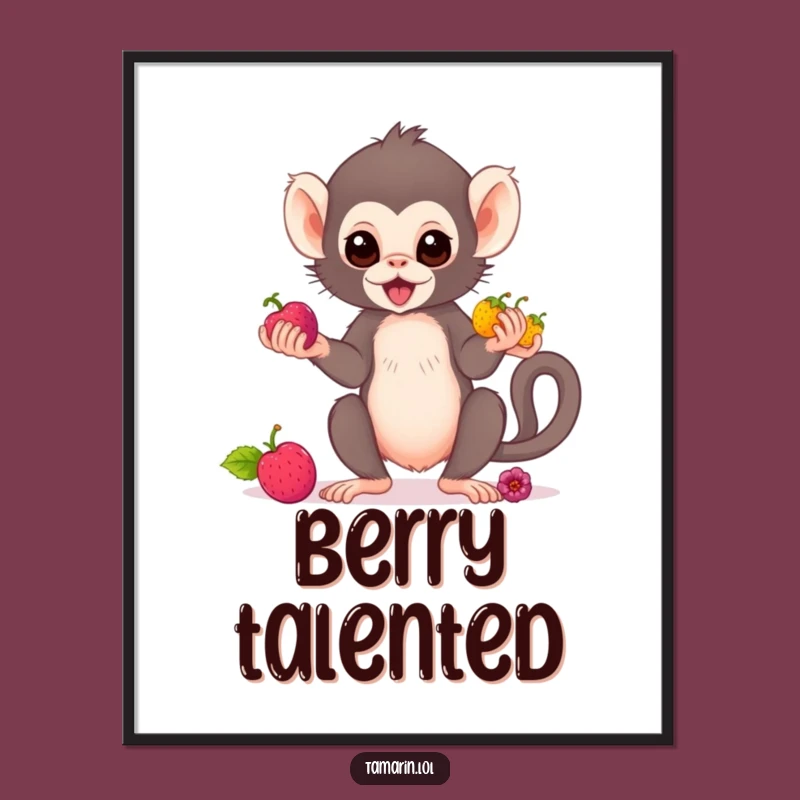 Funny Tamarin Monkey Juggling Poster - Vibrant & Comical Berry Acrobat Art