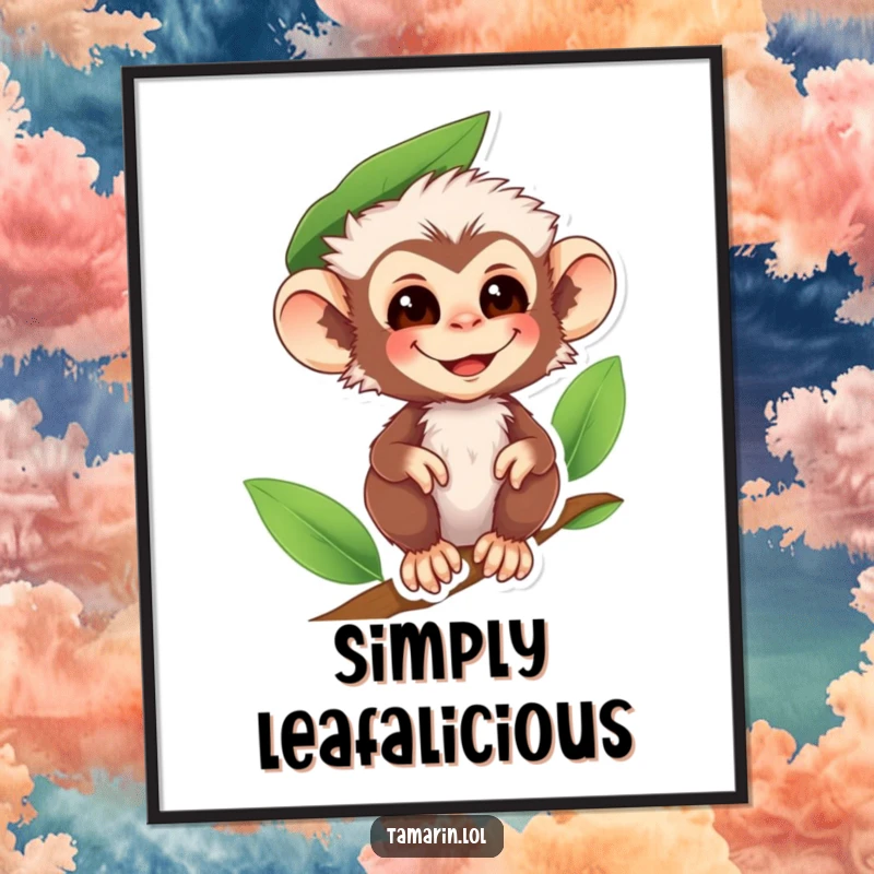 Funny tamarin monkey poster showing a smiling primate wearing a leaf as a hat, radiating woodland charm and playful spirit.