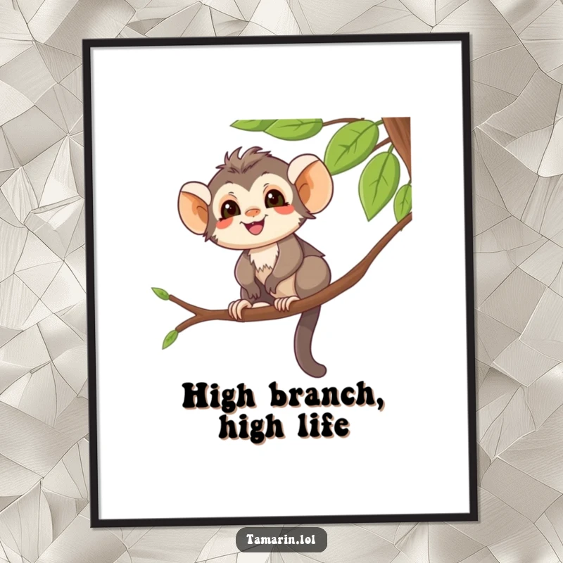 Funny Poster of a smiling tamarin character balancing on a tree branch, perfect for adding quirky, humorous decor.