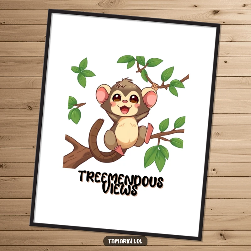 Funny Tamarin Poster depicting a tamarin in peak motion, swinging acrobatically between tree branches with infectious energy.