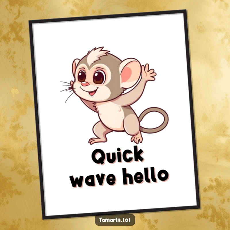 Funny Waving Tamarin Poster: A cheerful print of a monkey waving hello with motion lines, bringing a welcoming and friendly atmosphere to any room.