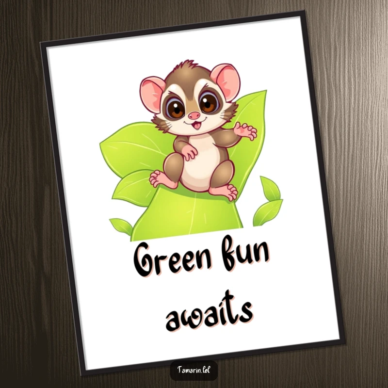 Funny tamarin poster, depicting an excited tamarin sliding down a lush, green leafy slide, a vibrant piece of art for adventurous spaces.
