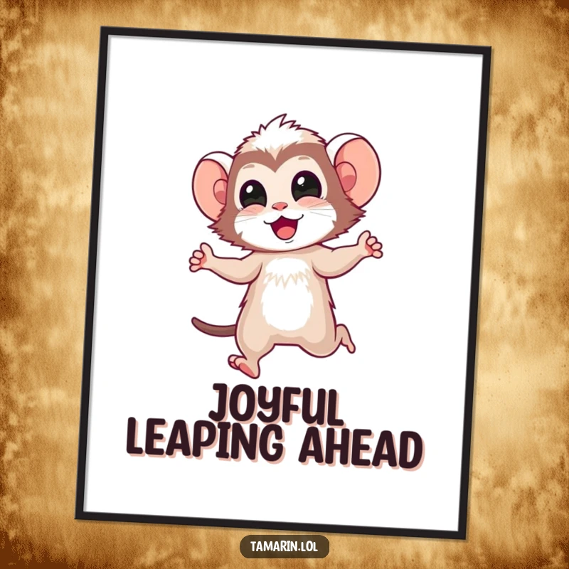 Funny tamarin poster capturing a tamarin character doing a happy little skip, radiating pure joy and playful energy.