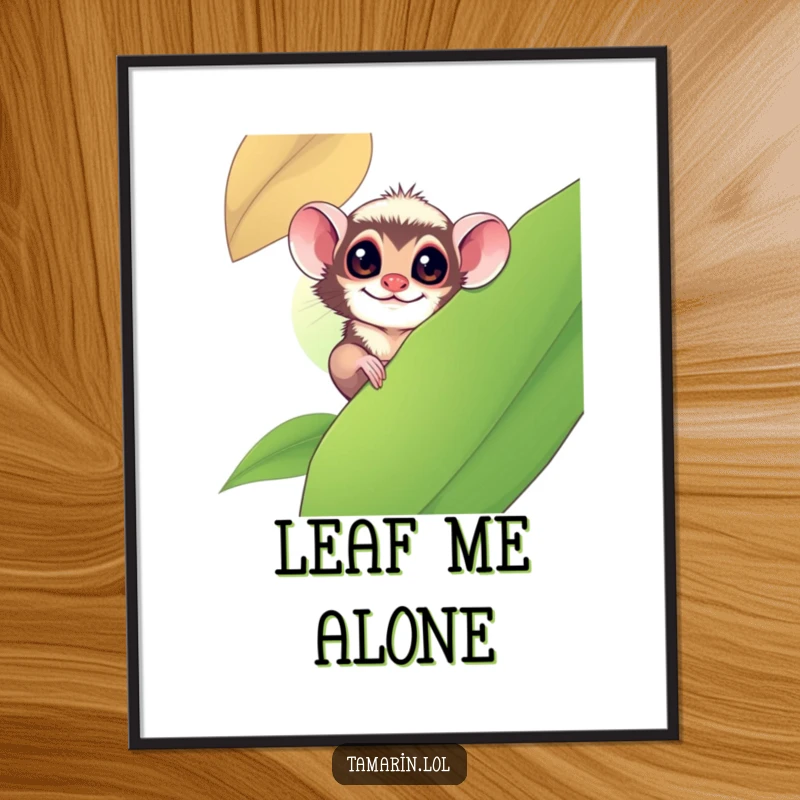 Funny tamarin monkey peeking out from behind a large leaf, a playful and humorous art print.