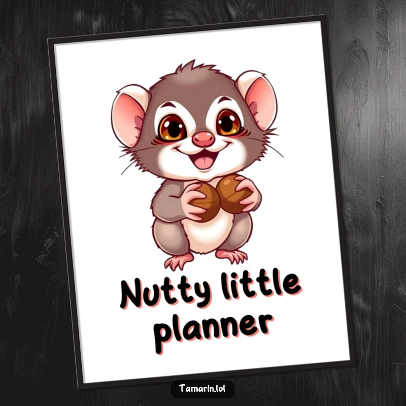 Funny Tamarin Poster: Captures a tamarin with a mischievous grin holding nuts, radiating playful energy and humor.