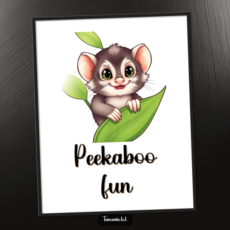 Funny Poster: A tamarin grins slyly from behind a leaf, conveying playful mischief and charm, an excellent funny gift.