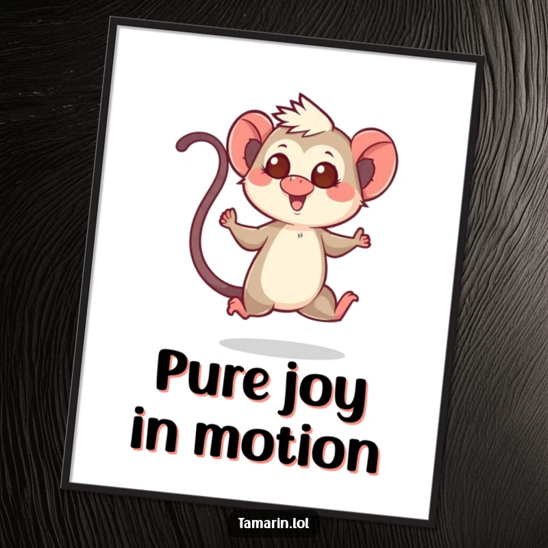 Funny poster art of a tamarin character joyfully hopping with its tail up, radiating positive and cheerful vibes.