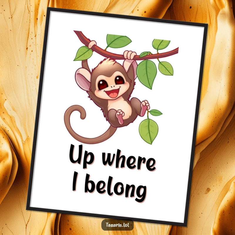 Funny tamarin monkey captured mid-swing on a vine, exuding happiness and energy, ideal for wall art.