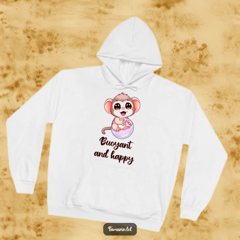Funny tamarin hoodie, a soft garment featuring a tamarin with delighted eyes attempting to ride a floating bubble, radiating whimsical charm.
