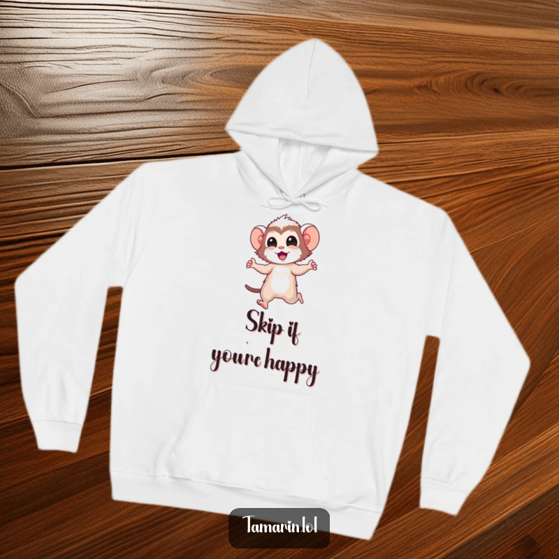 Funny tamarin hoodie featuring a happy tamarin character doing a joyful skip, perfect for cozying up with cheerful vibes.