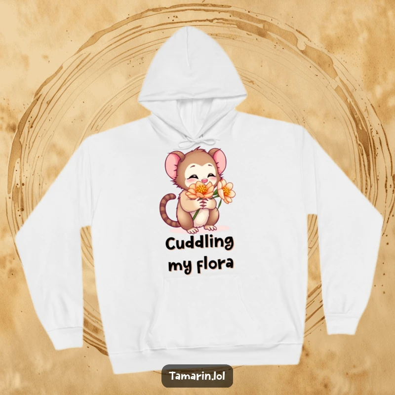 Funny hoodie featuring a tamarin character giving a big, heartfelt hug to a delicate flower, radiating warmth and affection.